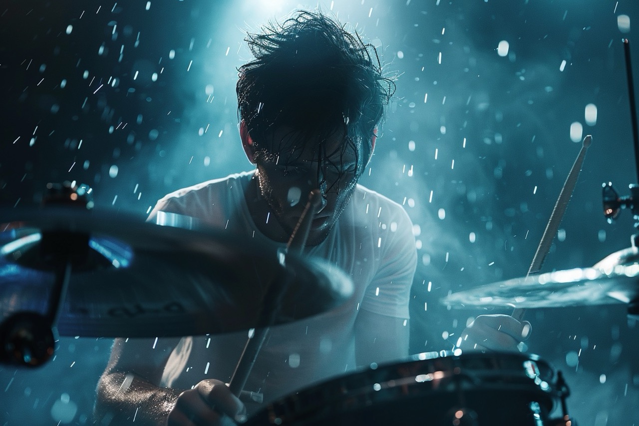 Powerful indie rock drummer mid performance, Matt Helders style energy